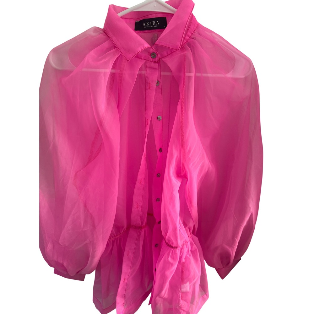 Akira Hot Pink Sheer Organza Peplum Blouse Balloon Sleeve Button Down Small